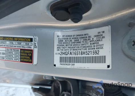 2008 Honda Civic Lx z USA, uszkodzony, nr VIN 2HGFA16518H521592